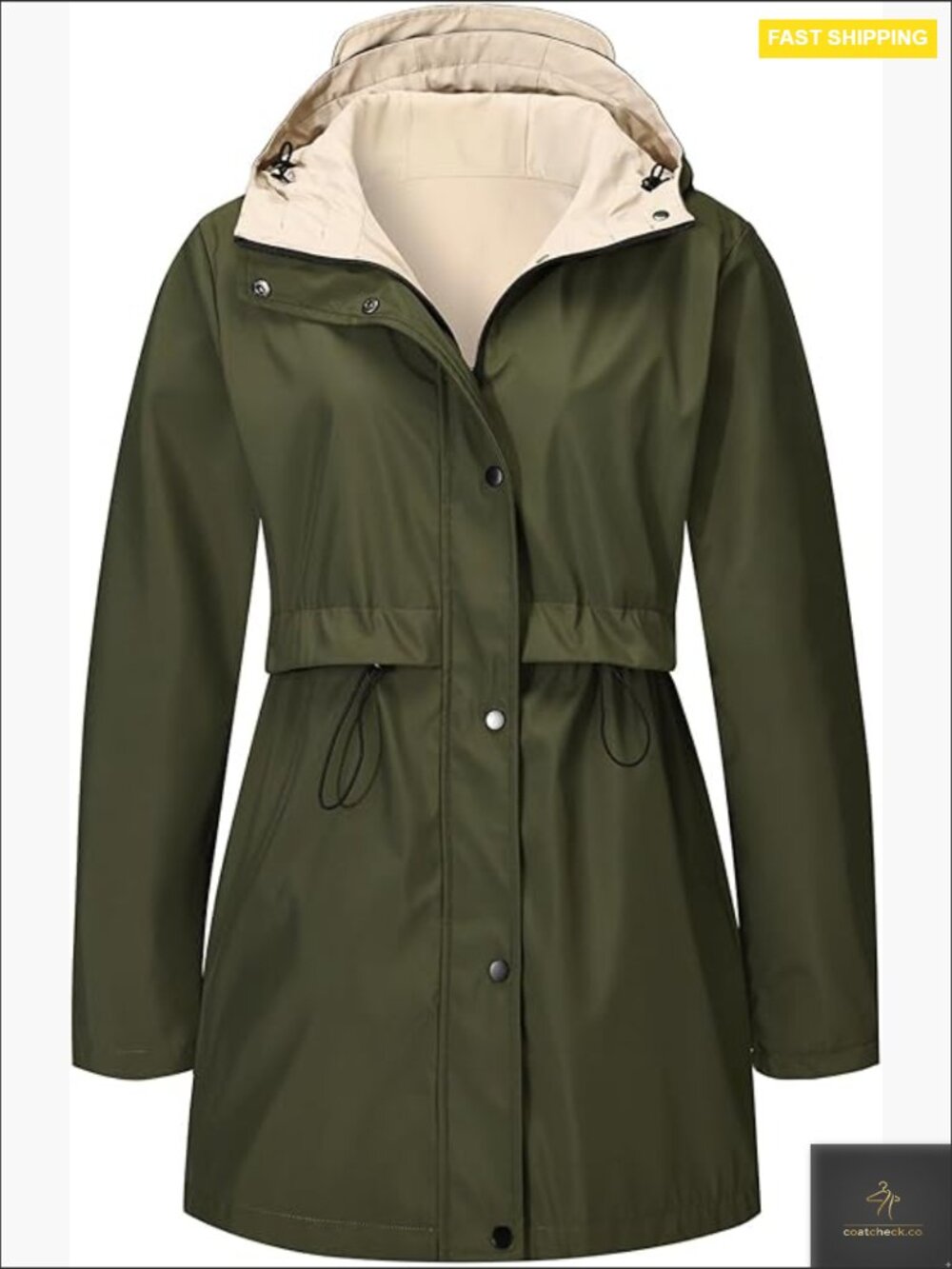 Olive Green Trench Coat with Cream Hood - Women's Lightweight Rain Jacket